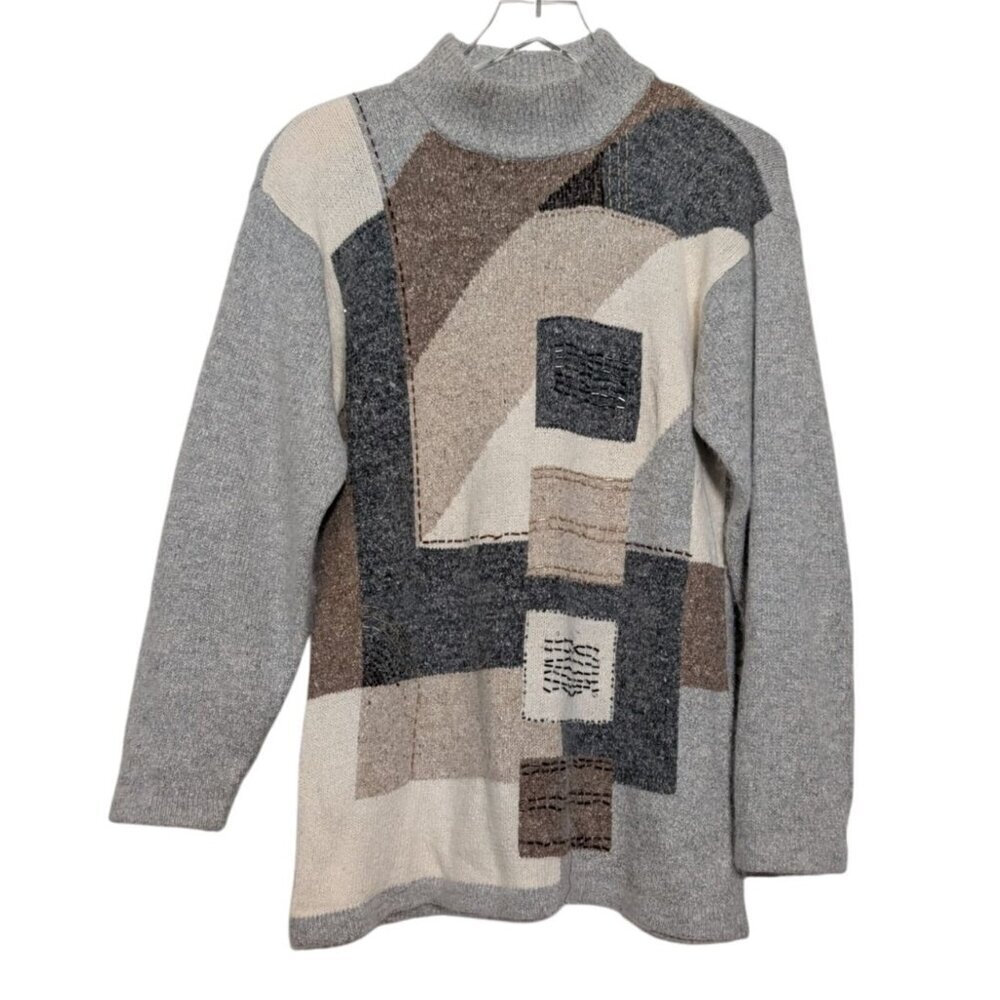 Vintage Silk Angora Beaded Sweater Womens Size Medium Gray Art Deco Mock Neck